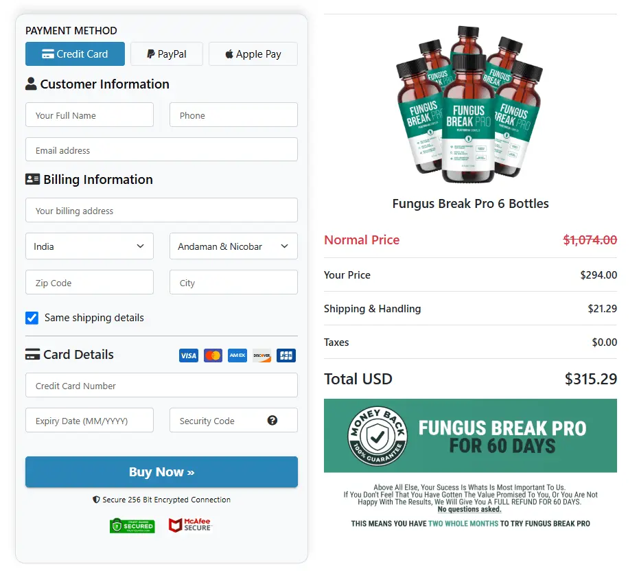 Fungus Break Pro checkout page